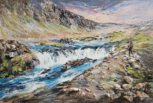 Toile montrant un randonneur admirant la cascade Fossalar et son magnifique paysage en Islande.