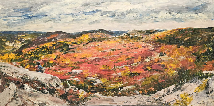 Toile montrant une randonneuse assise sur un cap rocheux admirant un magnifique paysage d'automne dans la région de Charlevoix au Québec.