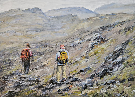 Toile montrant un couple de randonneurs sur un sentier typique de l'Islande.