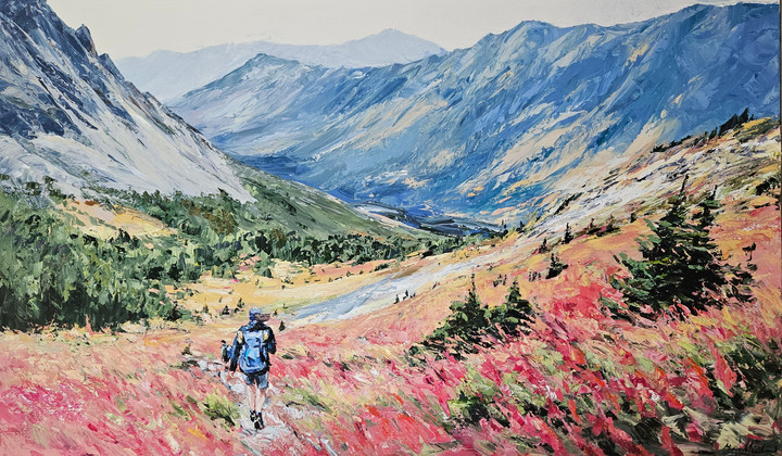 Toile montrant un couple de randonneurs dans le magnifique paysage d'automne près du Cirque Ptarmigan en Alberta au Canada.