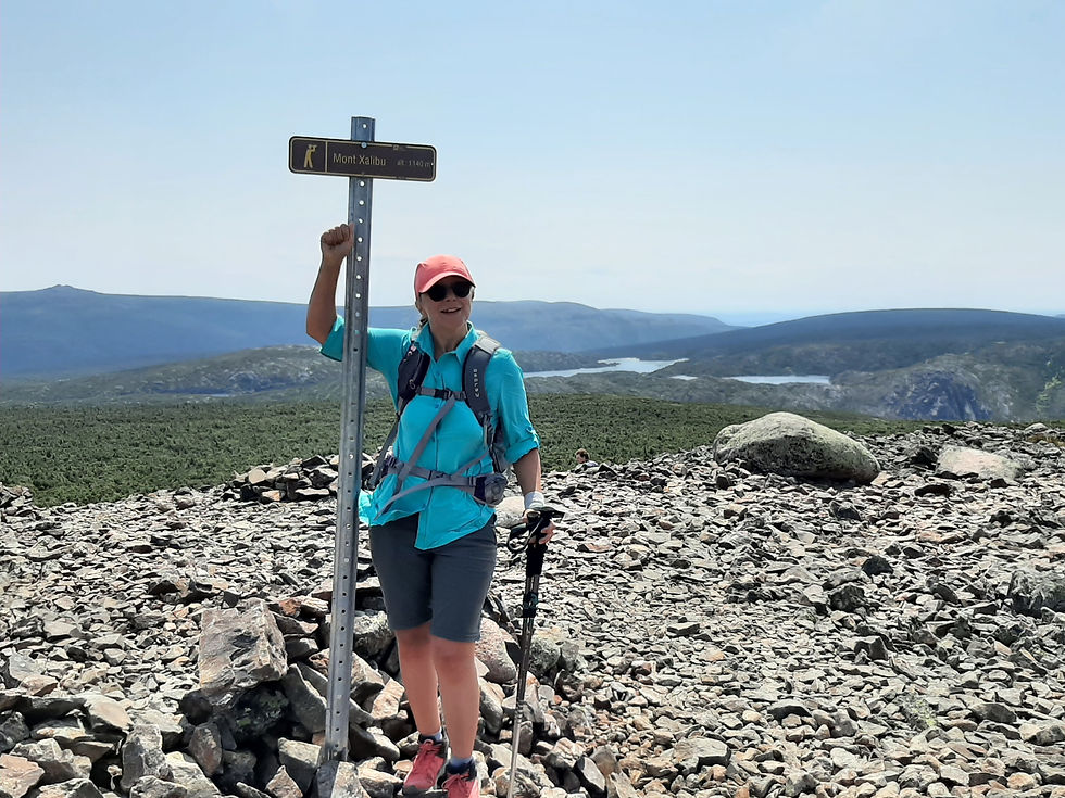 L'artiste-peintre et randonneuse en montagnes Manon Marchand pose fièrement au sommet du Mont Xalibu en Gaspésie