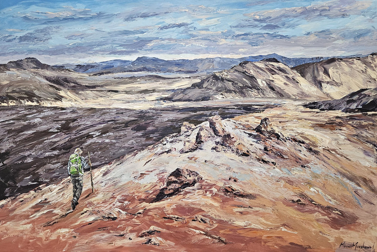 Toile montrant un randonneur admirant le magnifique paysage coloré de Landmannalaugar en Islande.
