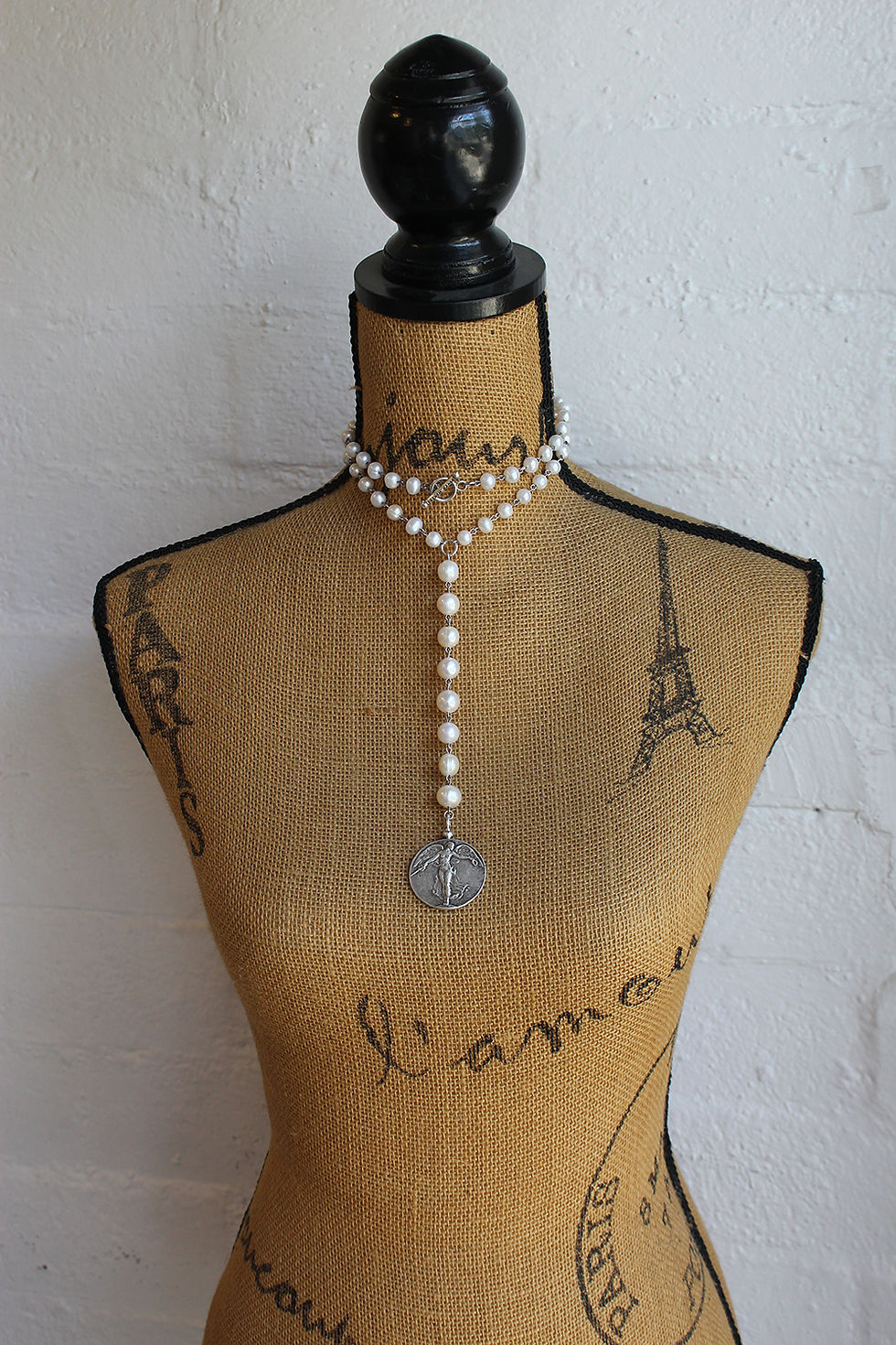 Thumbnail: White Pearls with Silver Wire and L'ange Medallion