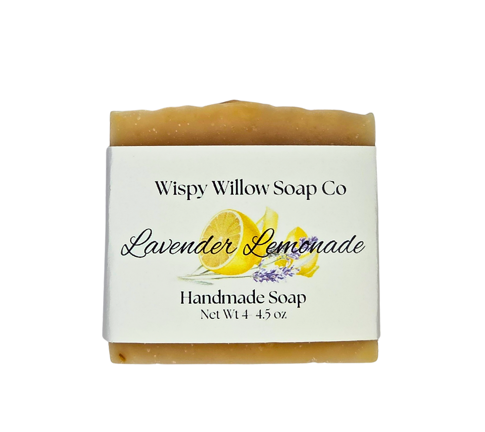 Front label of Lavender Lemonade soap bar with yellow accents.