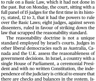 The recent decision by the Israeli Supreme Court to strike down a law that sought to limit the judiciary's powers. It is important to read this article as it highlights the significance of the.......
