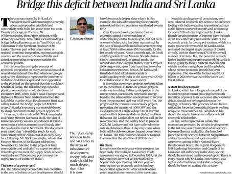 The proposal to establish land connectivity between India and Sri Lanka and the potential.......