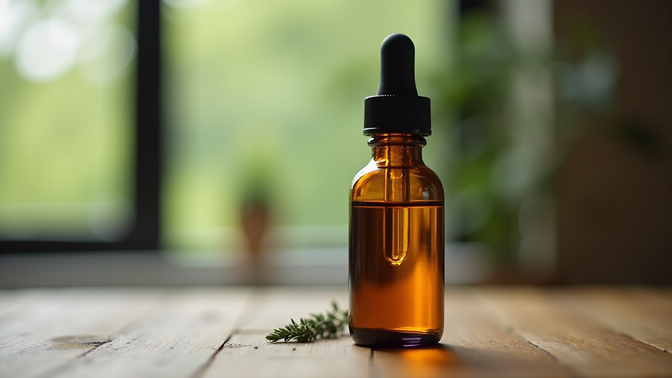 Eye-level view of hemp tincture bottle on wooden table