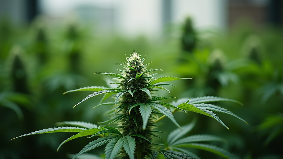 Eye-level view of a cannabis plant growing indoors