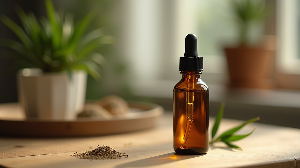 Close-up view of hemp oil dropper bottle on wooden surface