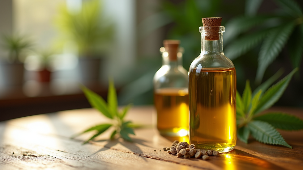High angle view of hemp oil bottles on a wooden table