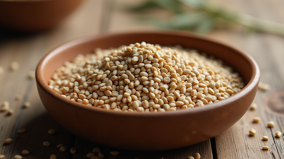 Eye-level view of a bowl filled with hemp seeds