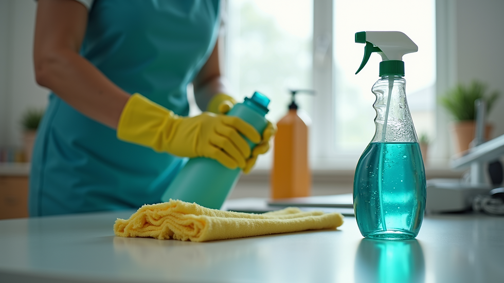 Close-up view of a cleaning professional using eco-friendly products in an office setting