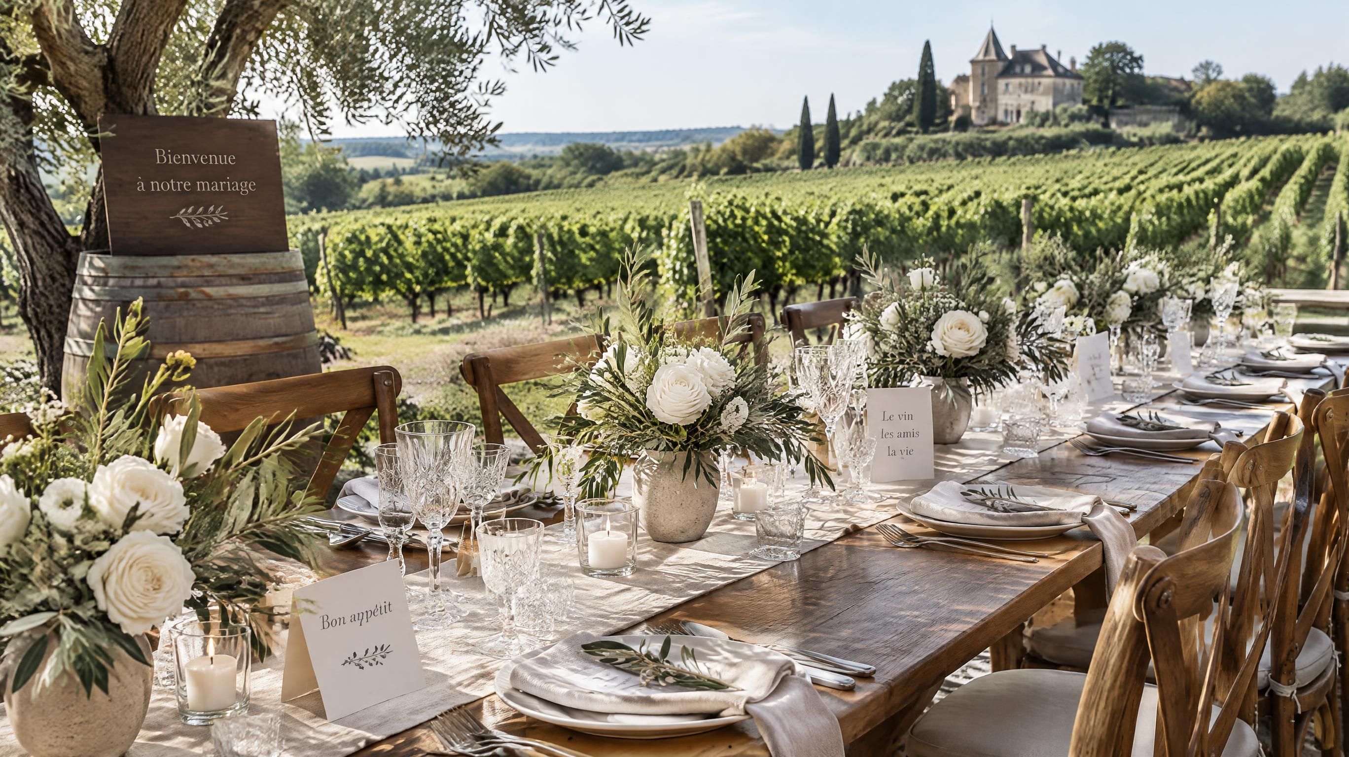Table de réception de mariage élégante et épurée dressée en plein air dans les vignobles bordelais avec chemins de lin et vaisselle soignée