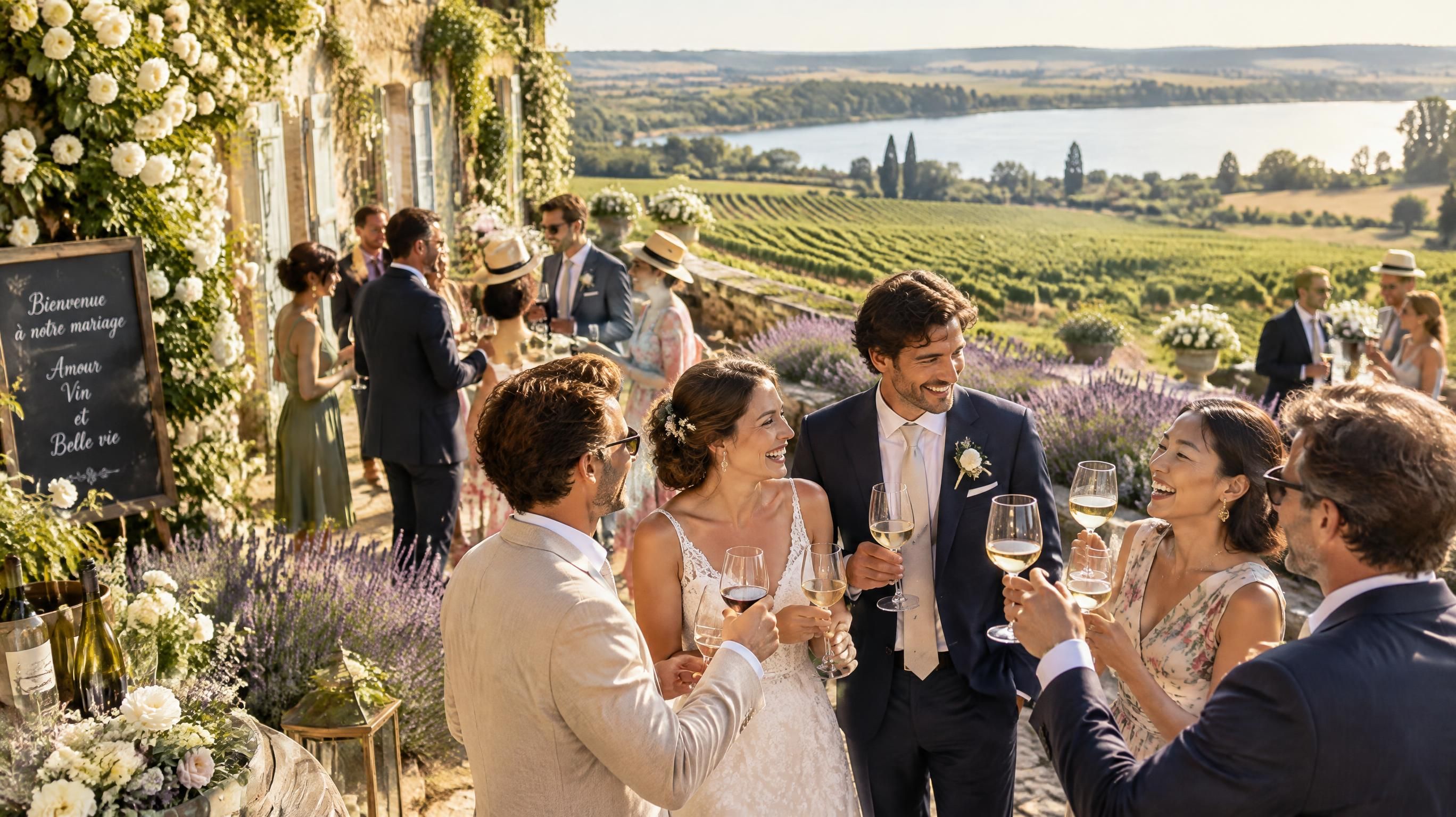 Invités élégants d'un Destination Wedding trinquant au vin de Bordeaux sur la terrasse ensoleillée d'un domaine viticole en Gironde