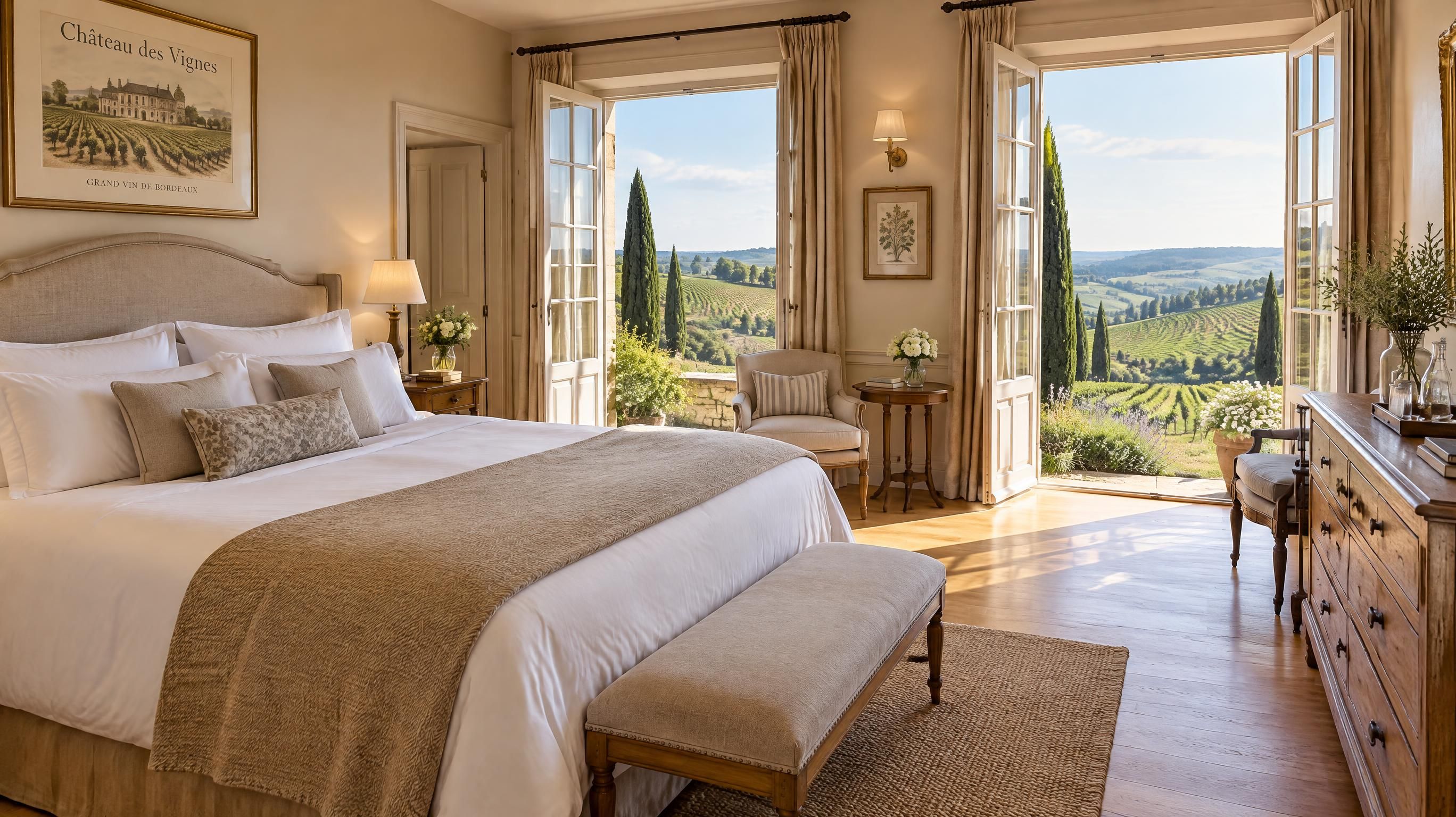 Chambre d'hôtes spacieuse et raffinée dans une maison de maître au cœur des vignes de Gironde avec lit douillet et vue sur le parc