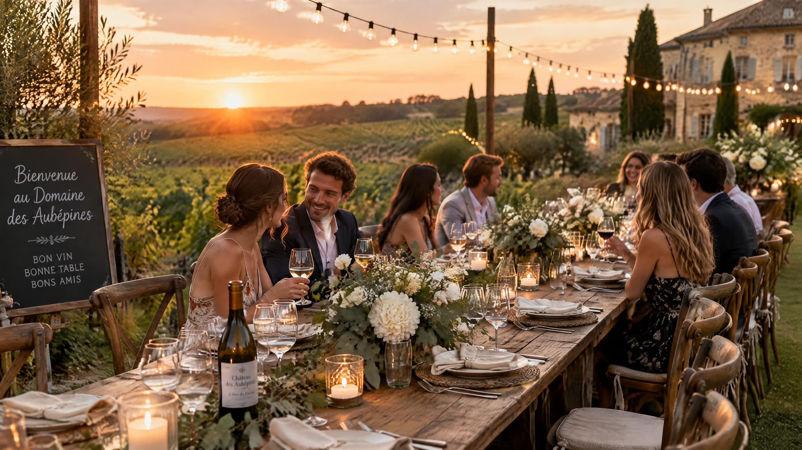 Table de banquet rustique en bois illuminée de guirlandes guinguette au coucher du soleil dans les vignes d'un domaine viticole en Gironde