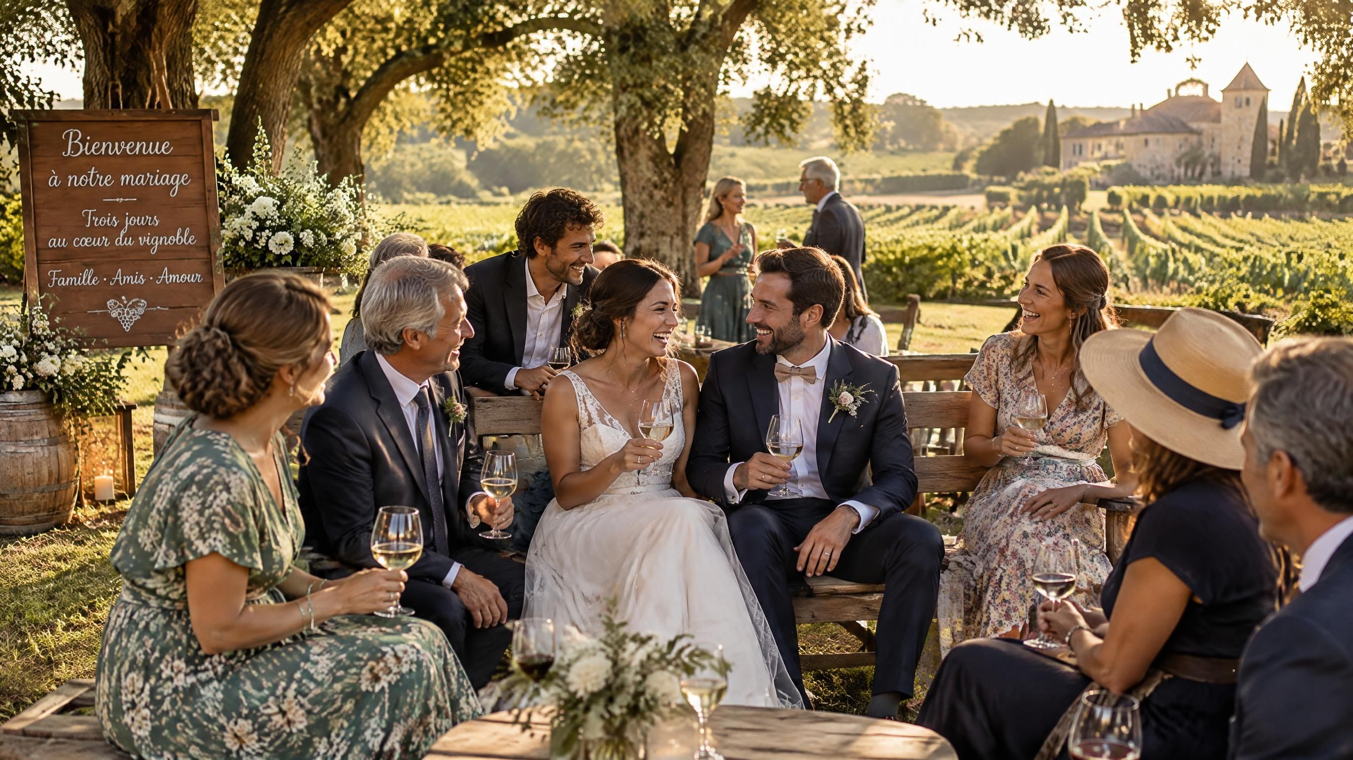 Atmosphère chaleureuse d'un week-end de mariage sur trois jours dans un domaine viticole en Gironde avec invités détendus dans le parc