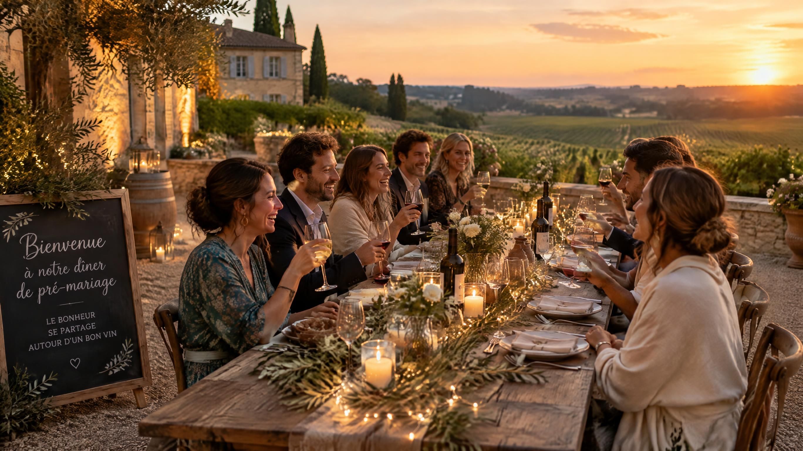 Grande tablée conviviale de Welcome Dinner au coucher du soleil sur la terrasse d'un domaine viticole en Gironde avec vue sur les vignes