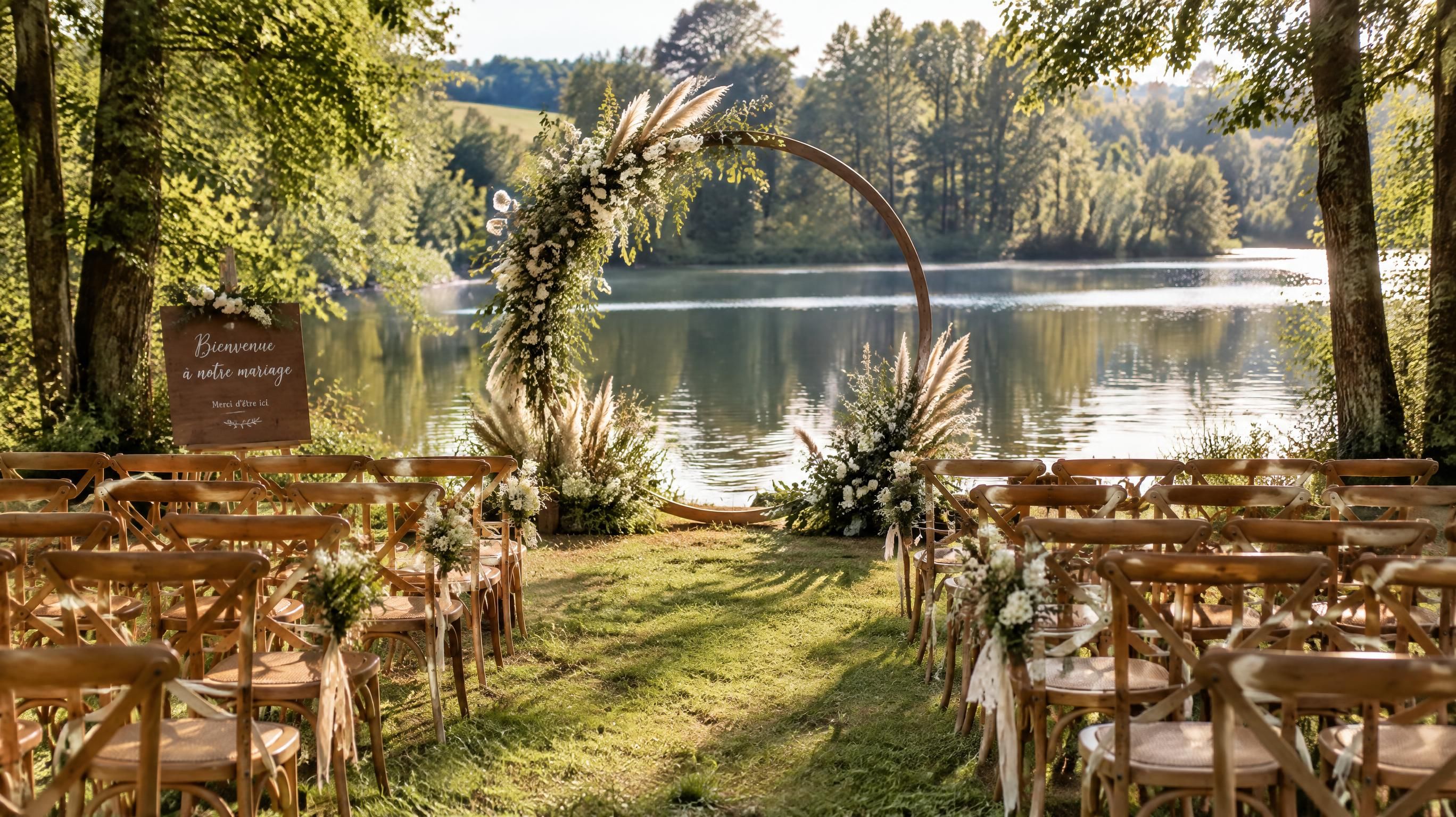 Cérémonie laïque de mariage romantique et champêtre installée au bord d'un lac naturel en Gironde avec arche florale et chaises en bois