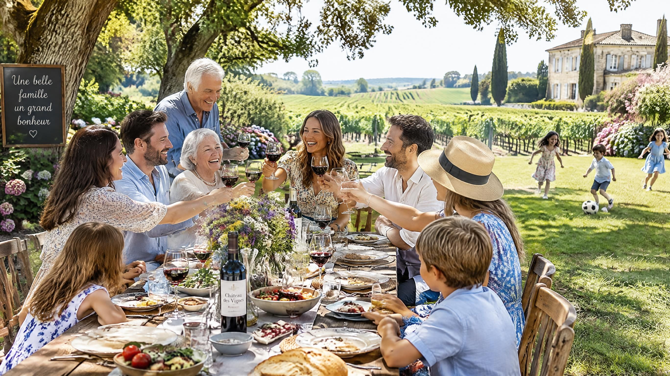 Grande fête de famille et cousinade réunie autour d'une longue table en bois en plein air au milieu des vignes en Gironde
