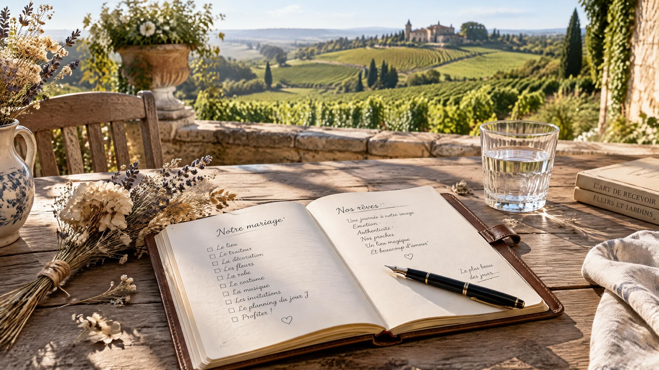 Carnet de préparatifs de mariage ouvert sur une table en bois face aux vignes ensoleillées d'un domaine viticole en Gironde