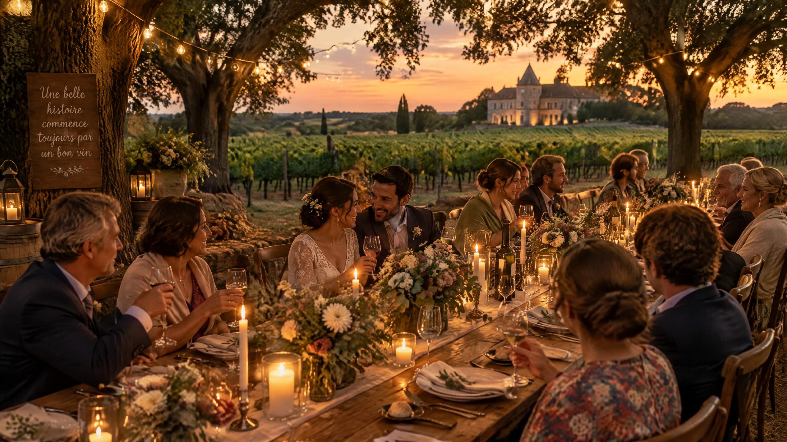 Table de banquet champêtre dressée au crépuscule pour un mariage intimiste au milieu des vignes dans un domaine viticole en Gironde