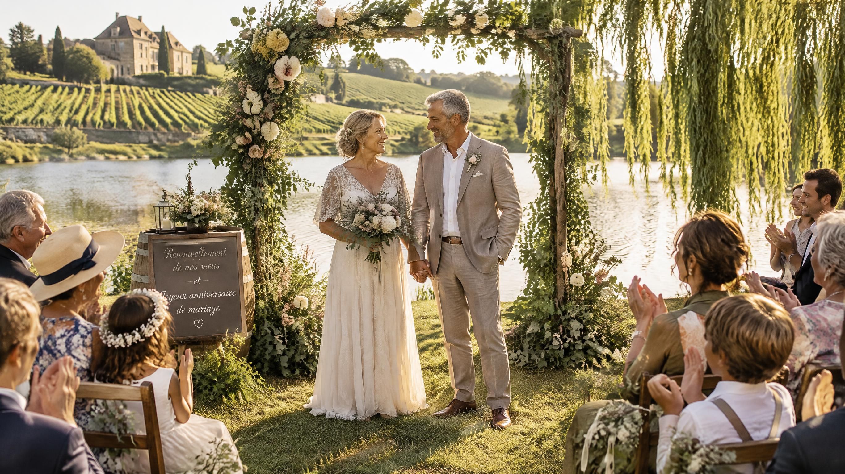 Couple célébrant son anniversaire de mariage entouré de sa famille lors d'un banquet au coucher du soleil dans les vignes en Gironde