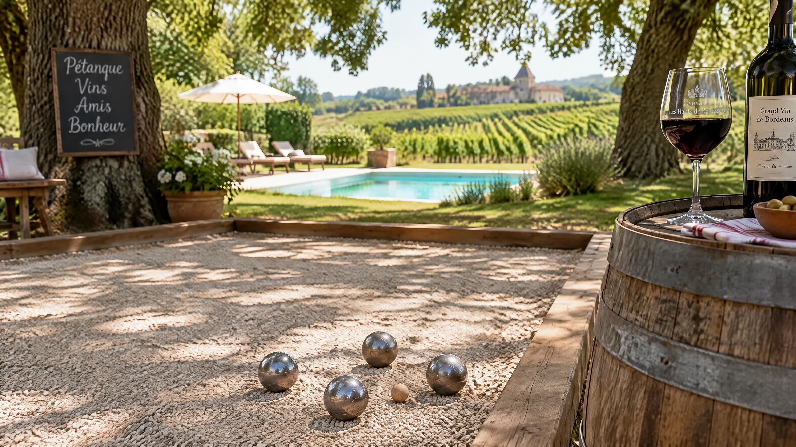 Terrain de pétanque ombragé par de grands arbres au cœur des vignes avec vue sur la piscine dans un domaine viticole en Gironde