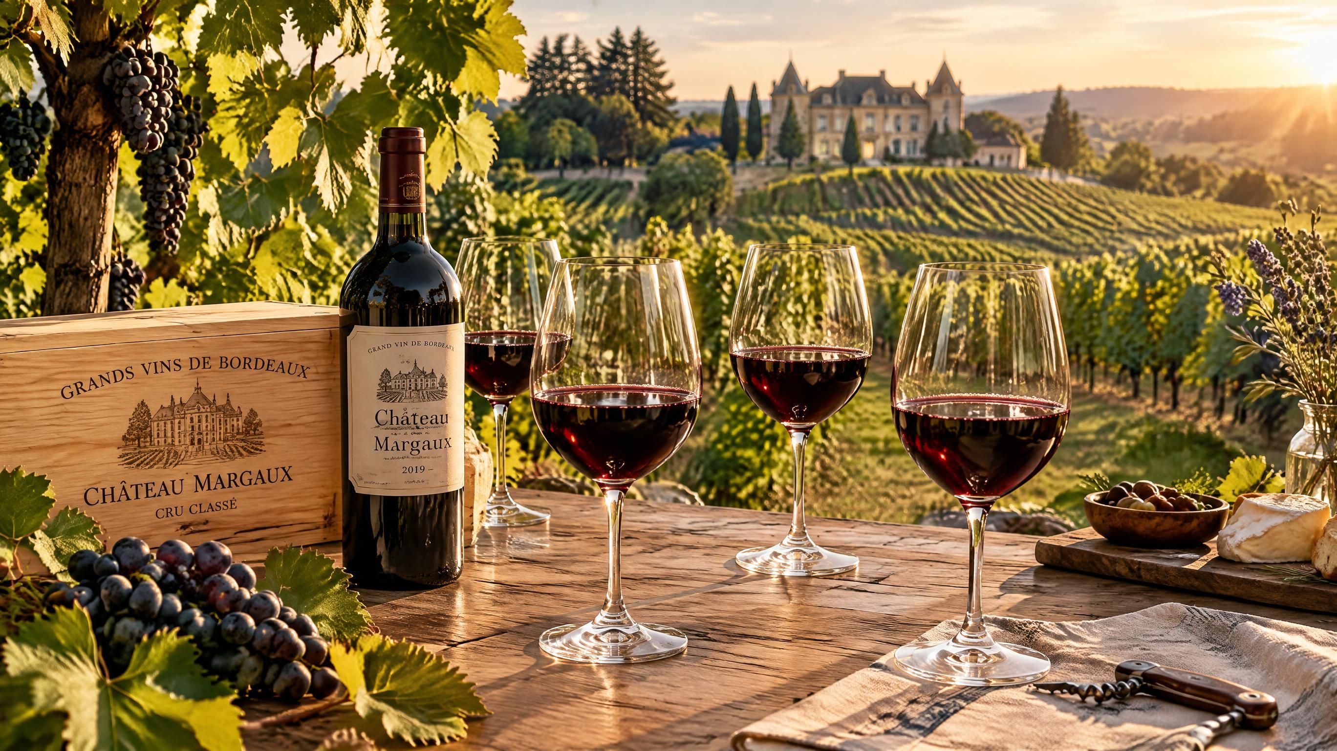 Verres de vin rouge bordelais et bouteille de grand cru servis lors d'un banquet de mariage élégant dans une salle de réception en Gironde