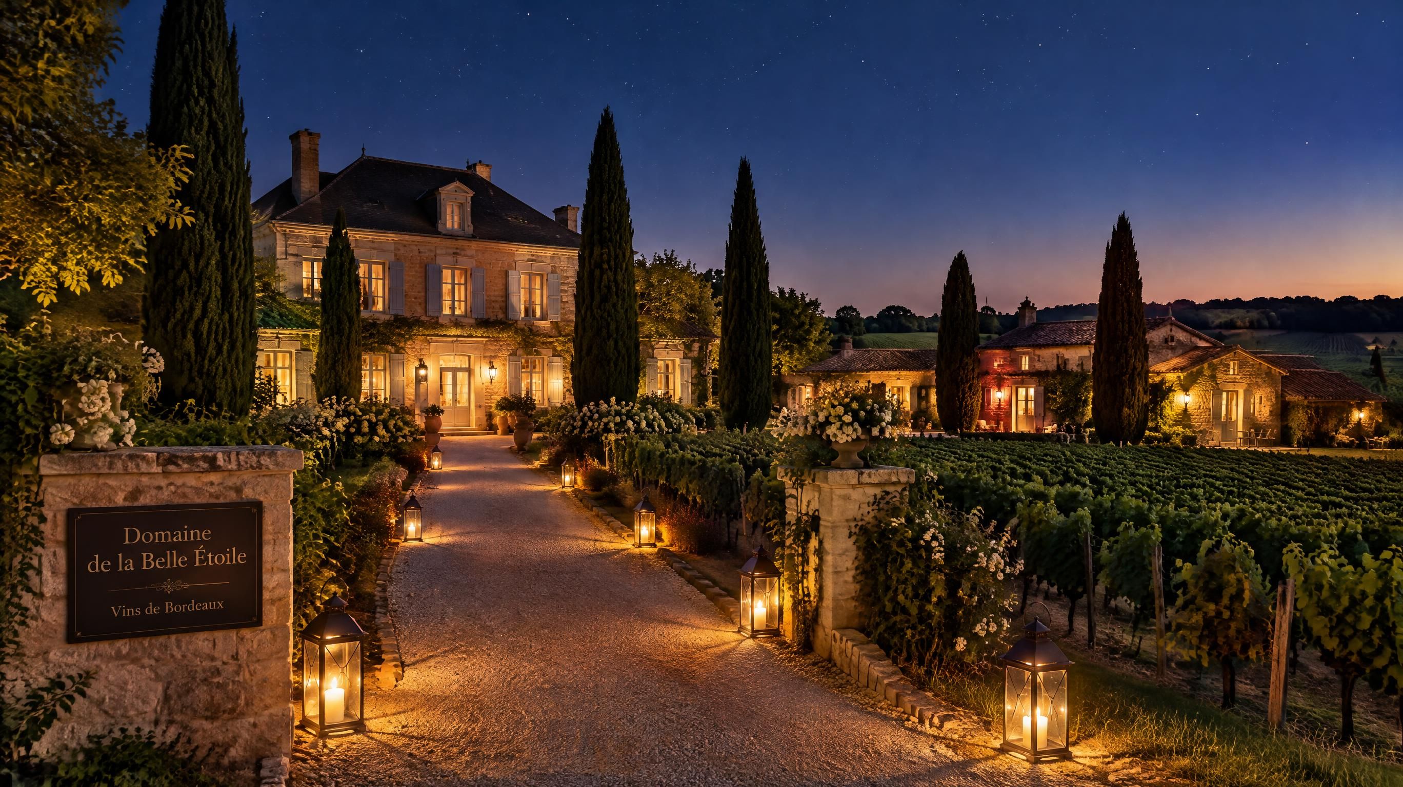 Maison de maître viticole illuminée le soir au milieu des vignes en Gironde avec allée de lanternes menant aux hébergements