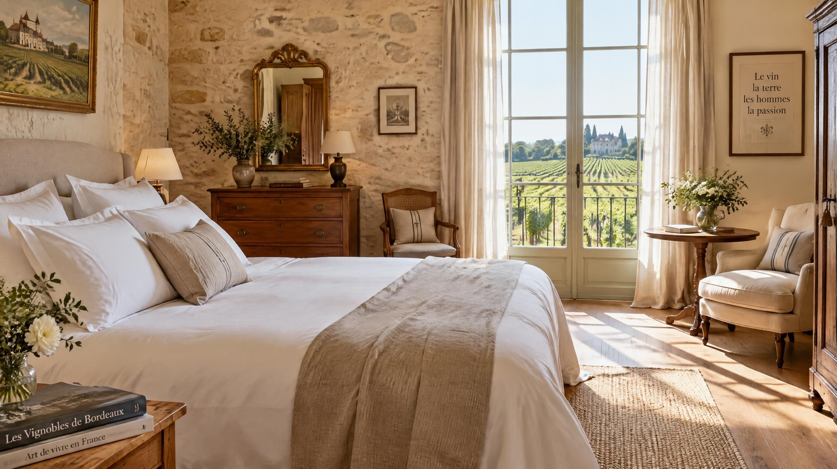 Chambre élégante et lumineuse dans une maison de maître viticole en Gironde avec vue sur les vignes