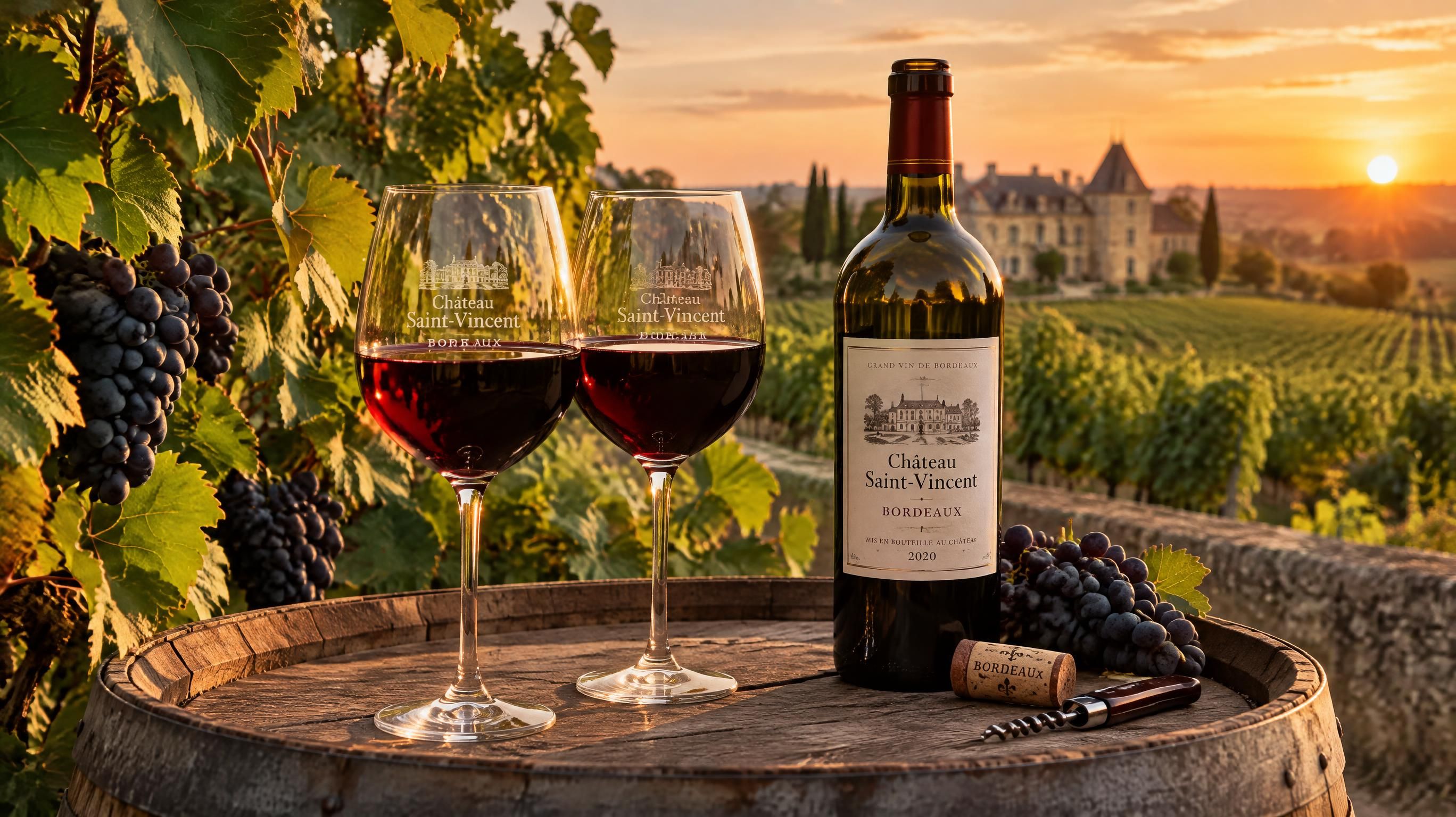Dégustation de vin rouge Bordeaux Supérieur au coucher du soleil face aux vignes sur un tonneau en chêne dans un domaine viticole familial en Gironde