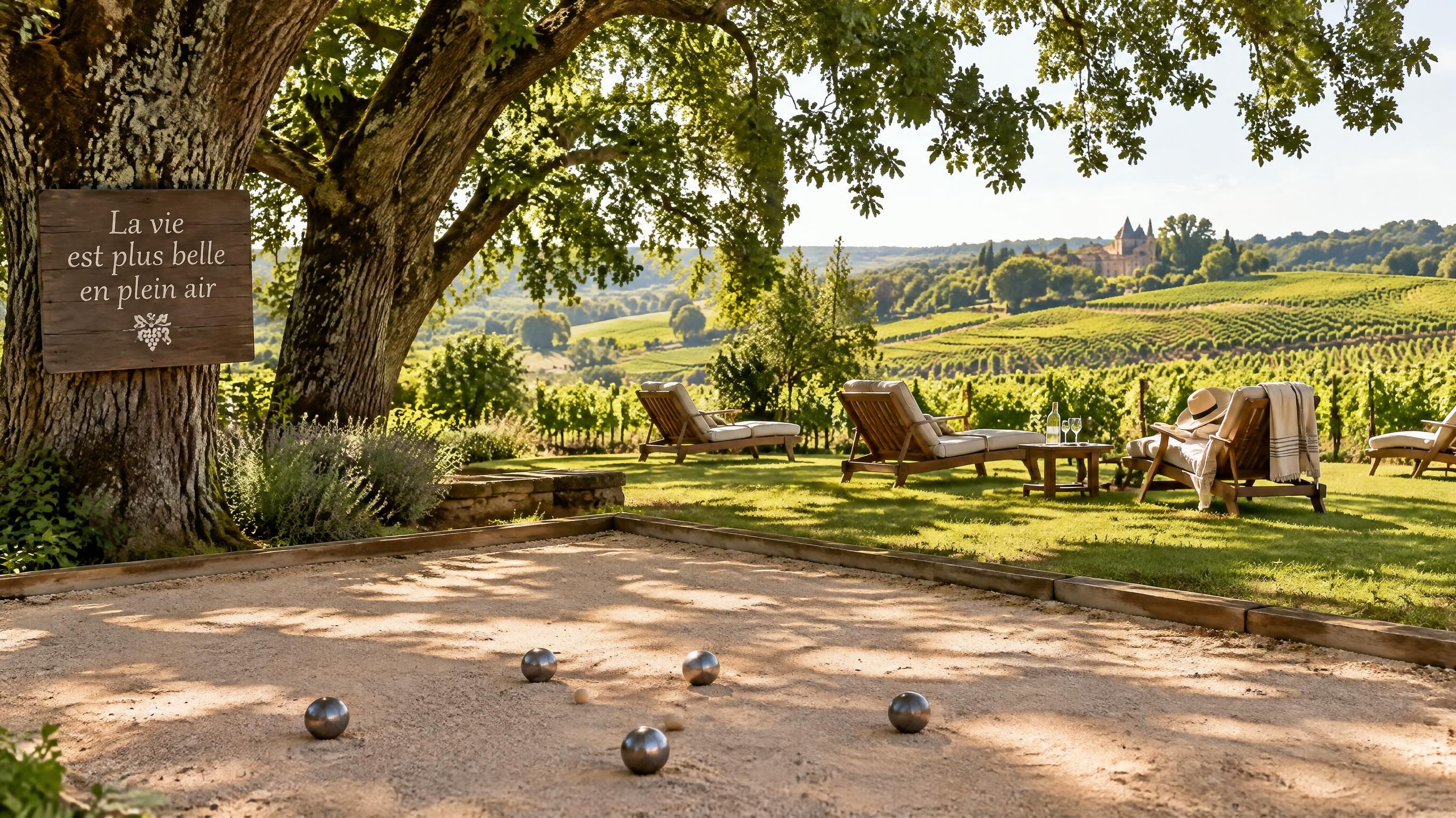 Espace de détente et de loisirs en plein air dans un domaine viticole en Gironde avec piscine chauffée et boulodrome ombragé sous les chênes
