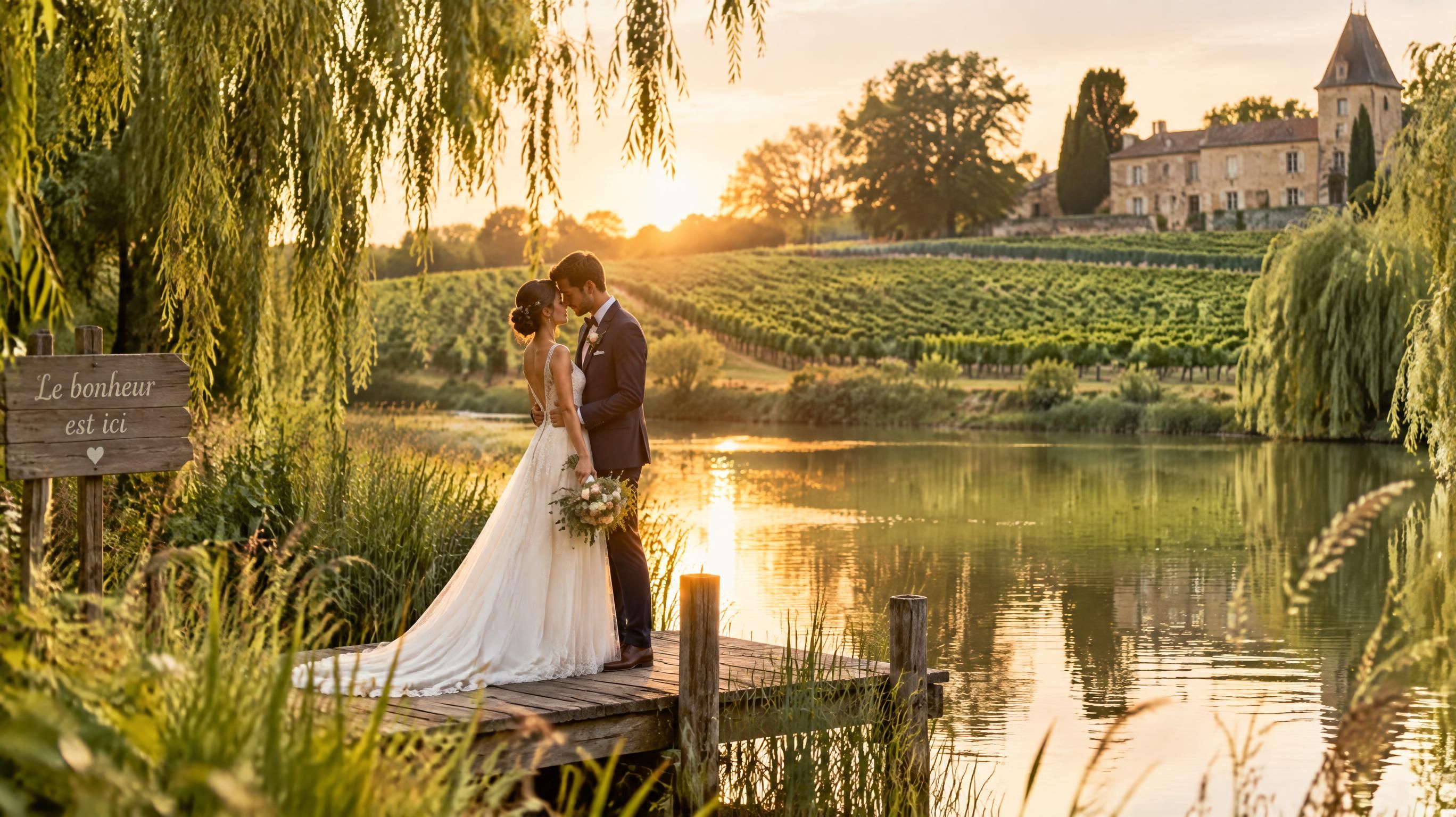 Couple de mariés au coucher du soleil sur le ponton en bois au bord du lac naturel dans les vignes d'un domaine viticole en Gironde
