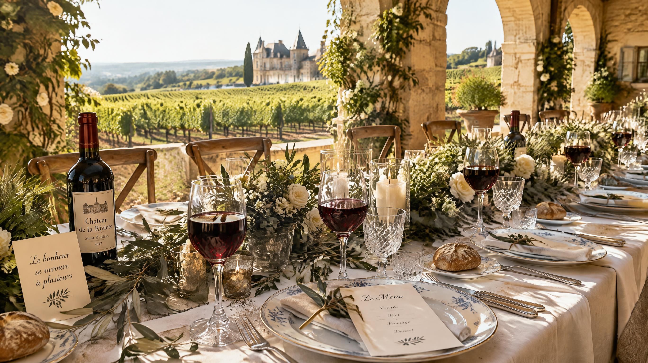 Banquet de mariage raffiné dressé dans une salle de réception d'un domaine viticole en Gironde avec verres à vin et accords mets et vins