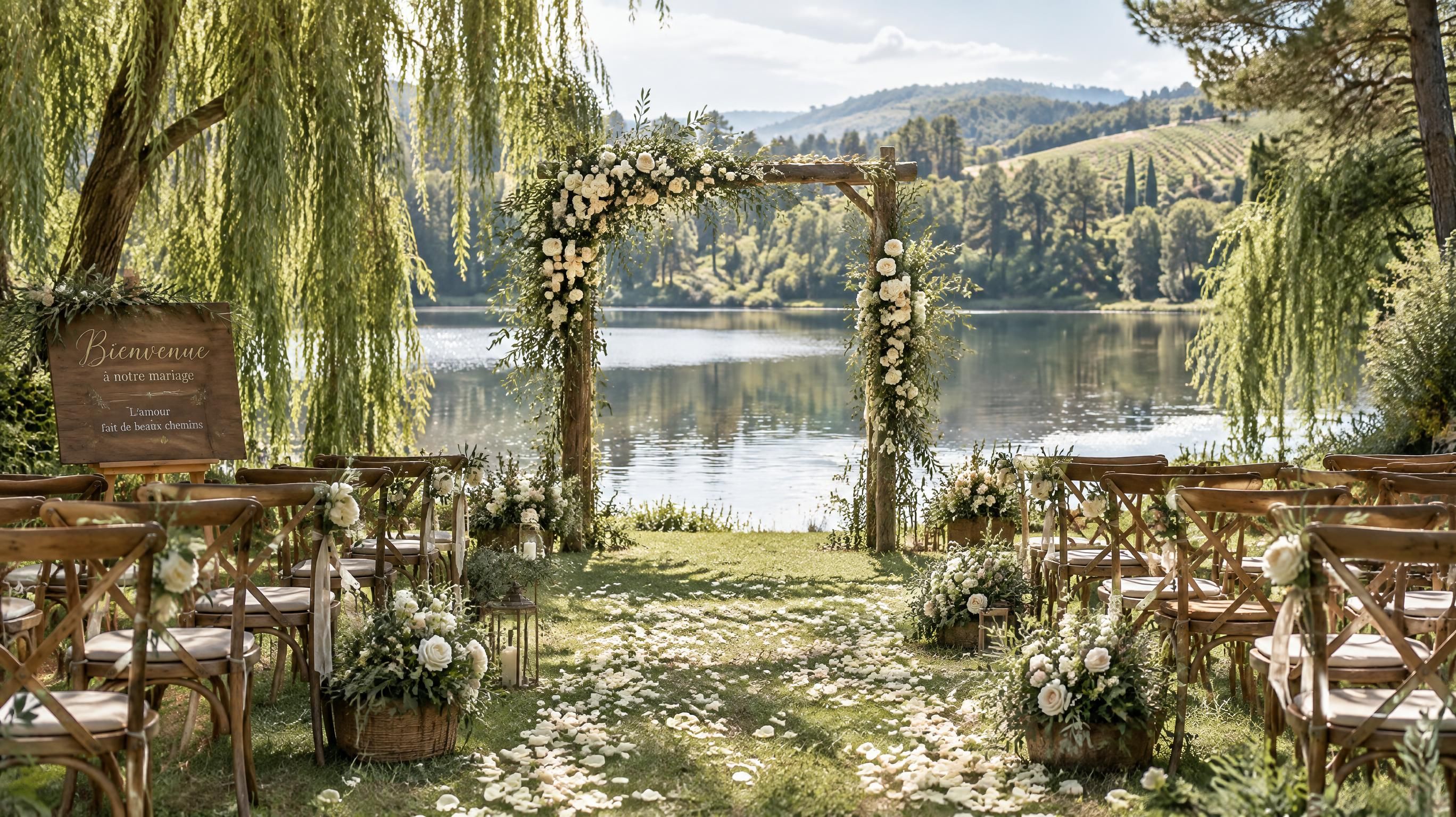 Cérémonie laïque romantique installée au bord d'un lac naturel avec arche fleurie et chaises en bois dans un domaine viticole en Gironde