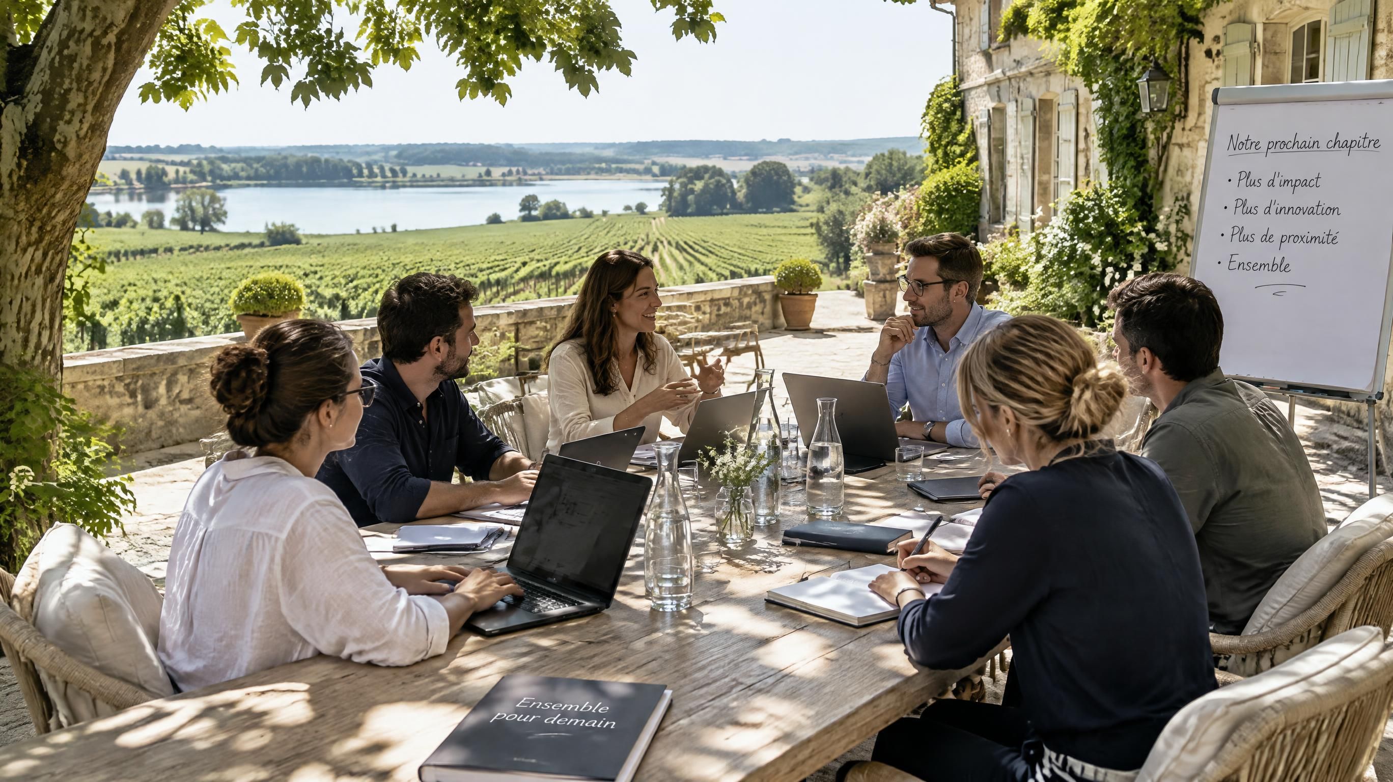 Séance de travail et séminaire d'entreprise en plein air sur la terrasse d'une maison de maître au milieu des vignes en Gironde