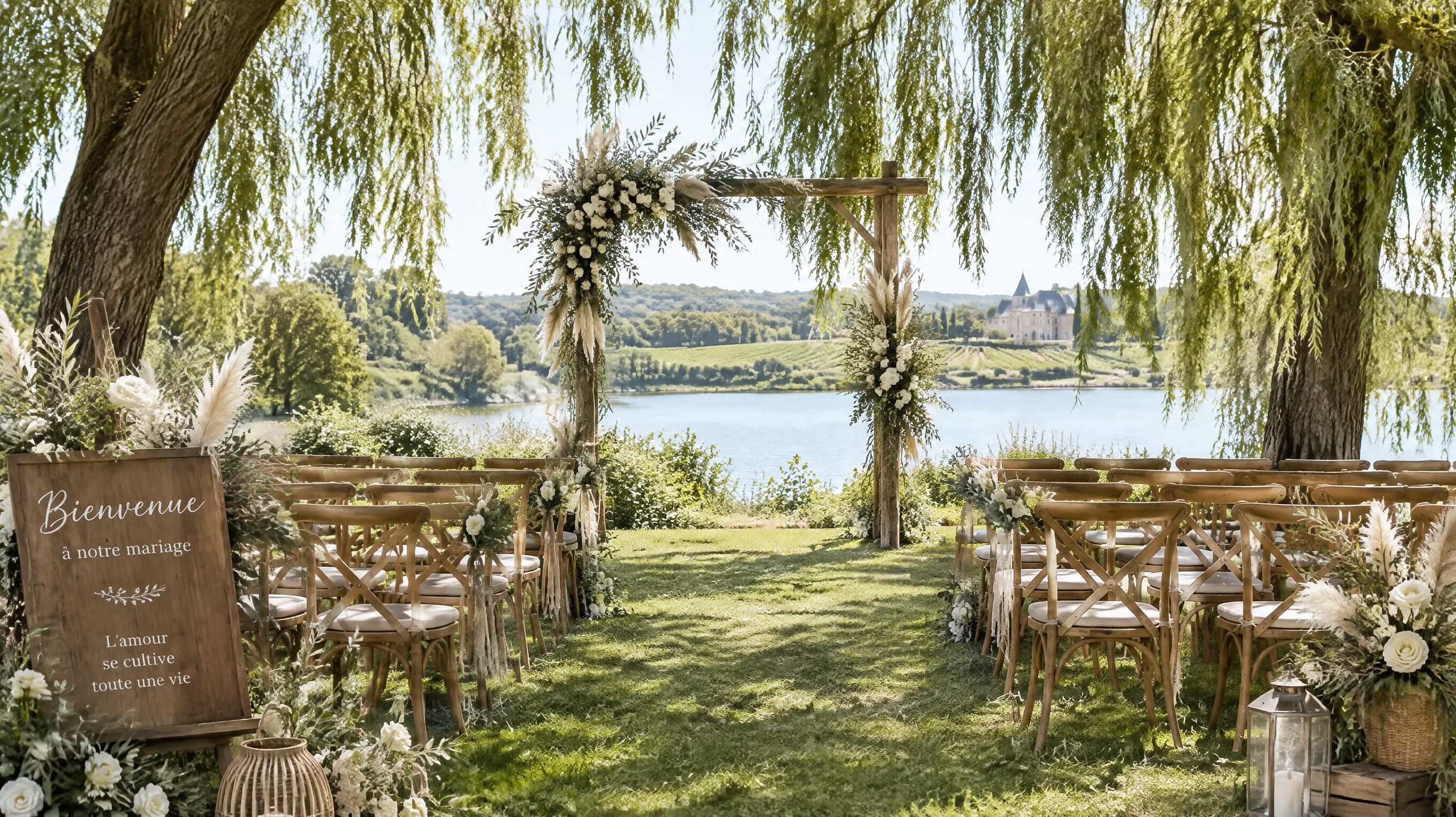 Décoration de cérémonie laïque champêtre chic en plein air au bord d'un lac naturel avec arche florale et chaises en bois dans un domaine viticole en Gironde