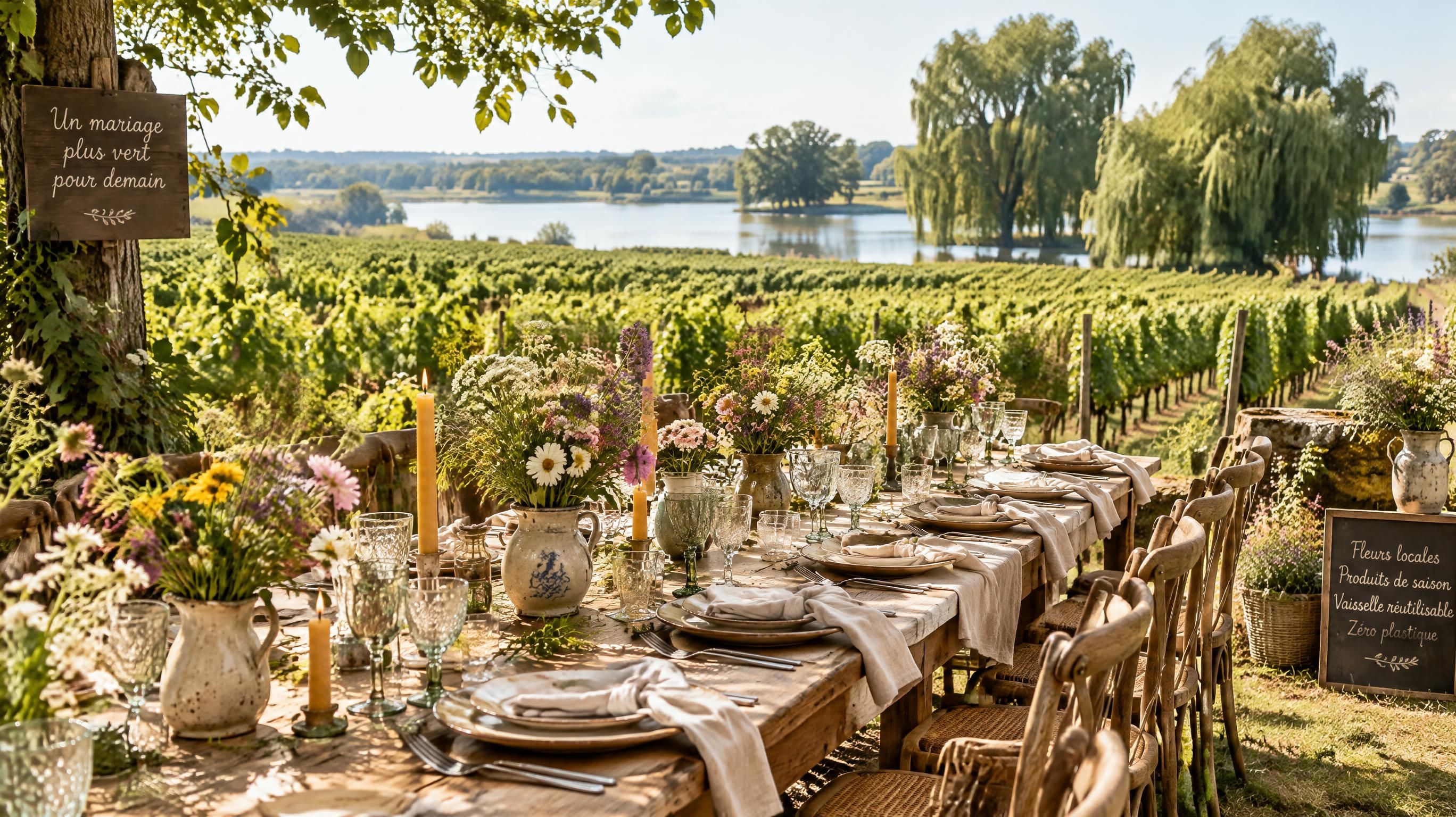 Table de banquet de mariage éco-responsable et champêtre chic dressée en plein air au milieu des vignes biologiques en Gironde