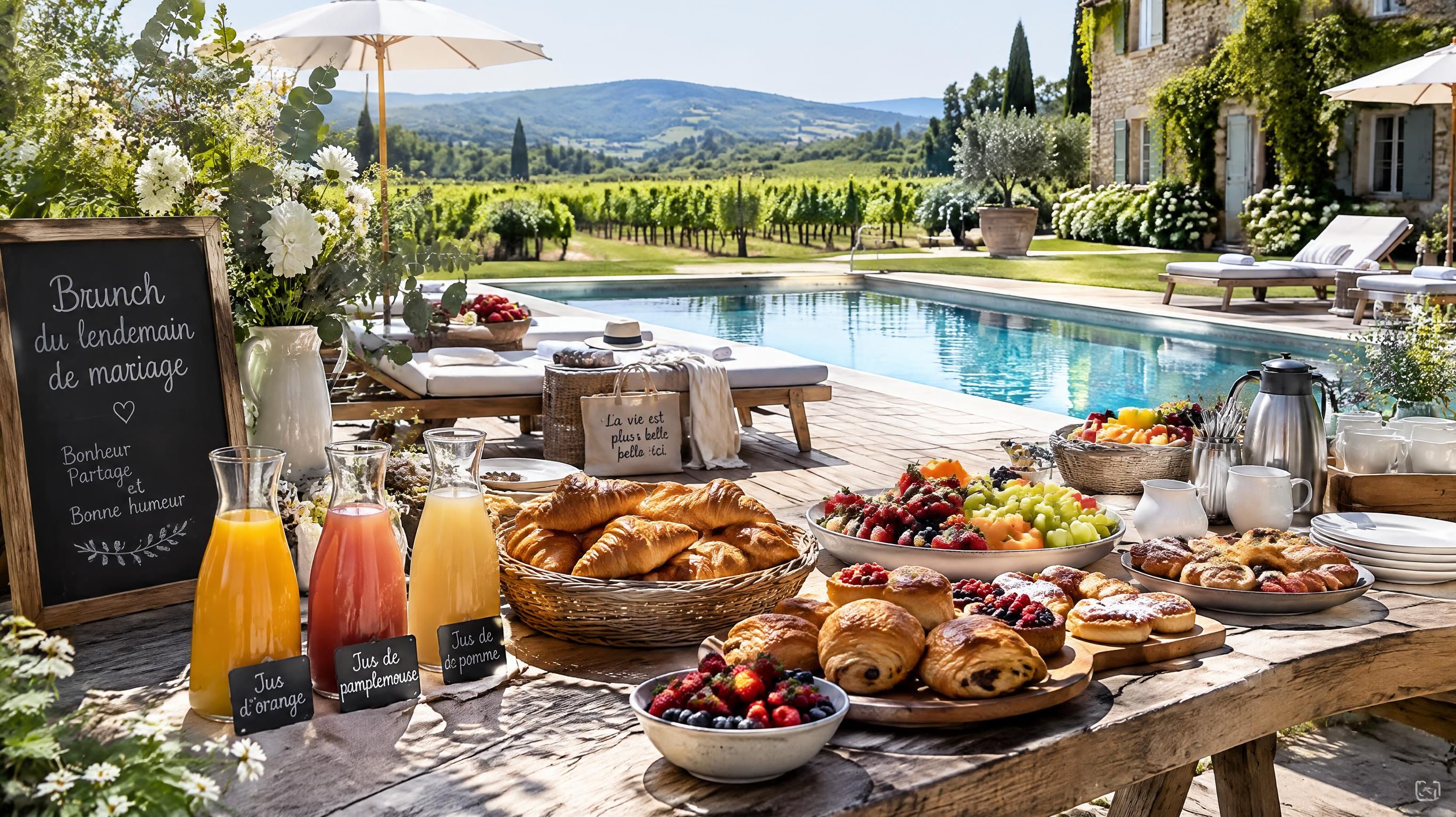 Buffet de brunch champêtre et gourmand au bord d'une piscine ensoleillée dans un domaine viticole en Gironde