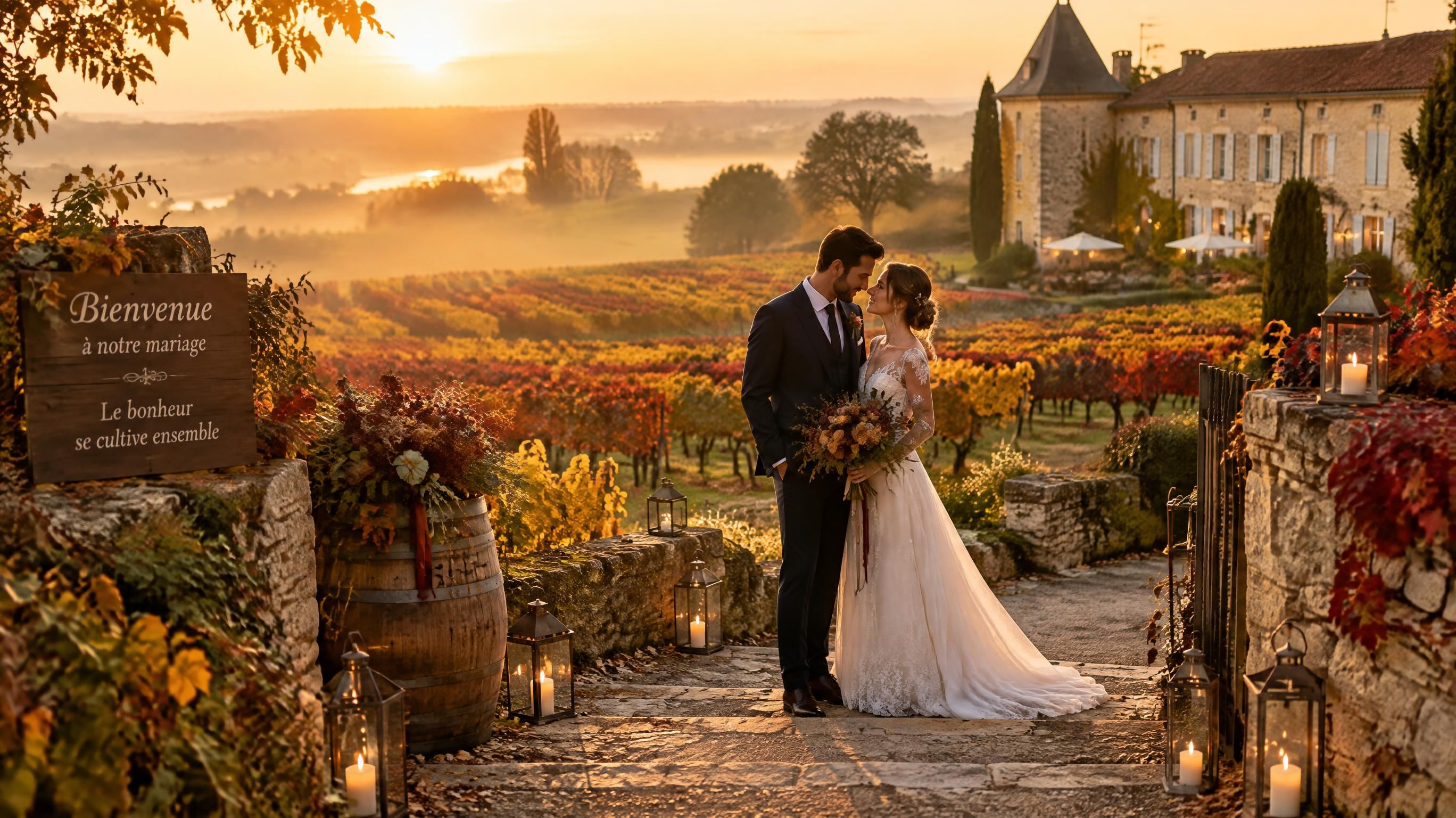 Couple de mariés au coucher du soleil dans les vignes d'automne aux couleurs dorées et flamboyantes dans un domaine viticole en Gironde
