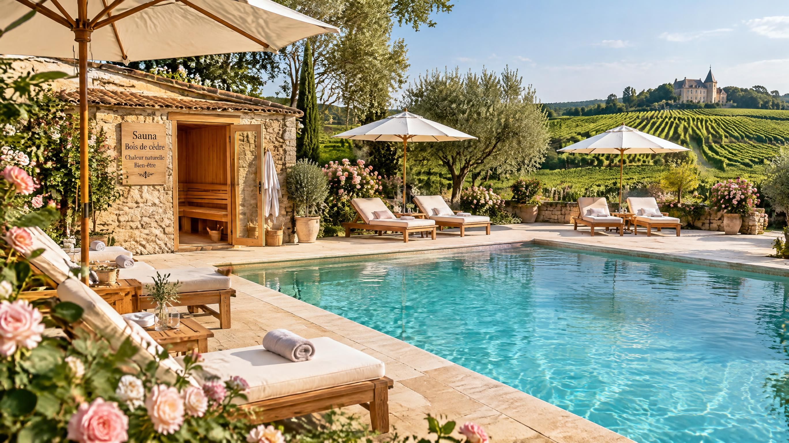 Espace bien-être et piscine chauffée au cœur des vignes dans un domaine privatisé en Gironde avec chaises longues et nature préservée