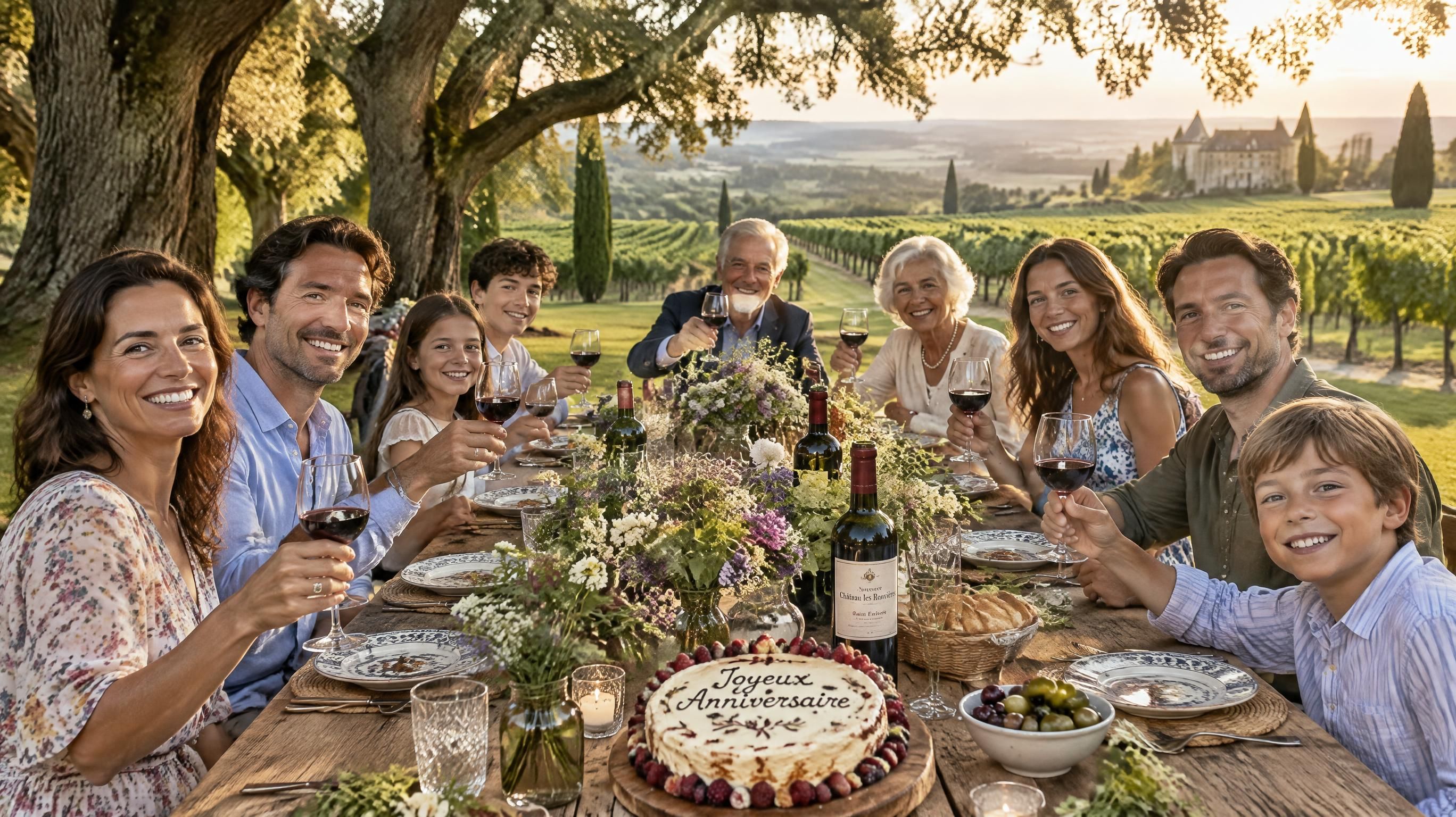 Grande table familiale conviviale dressée dans le jardin ombragé d'un domaine viticole en Gironde avec convives trinquant au coucher du soleil
