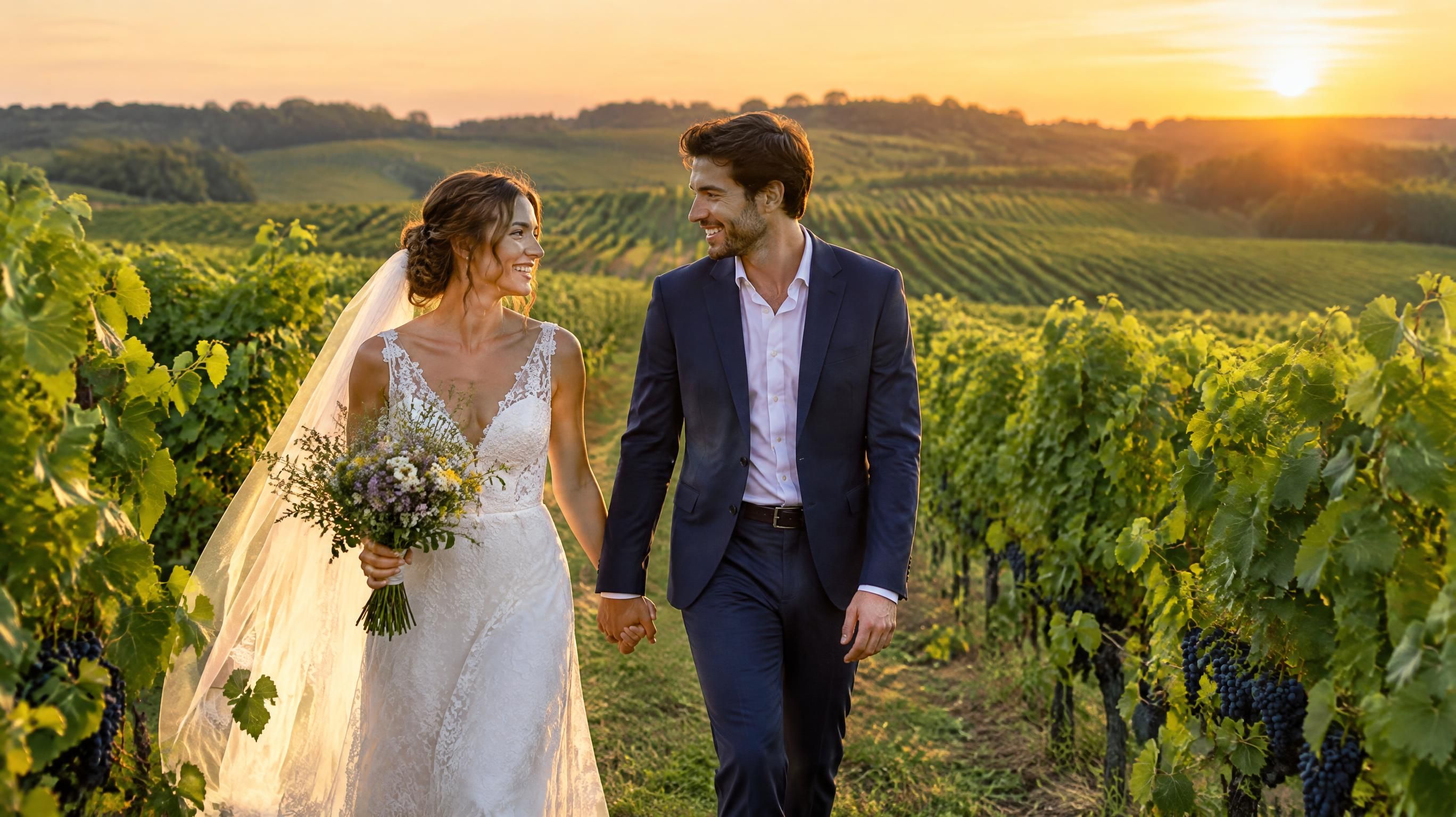 Couple de mariés au coucher du soleil dans les vignes près de Saint-Émilion