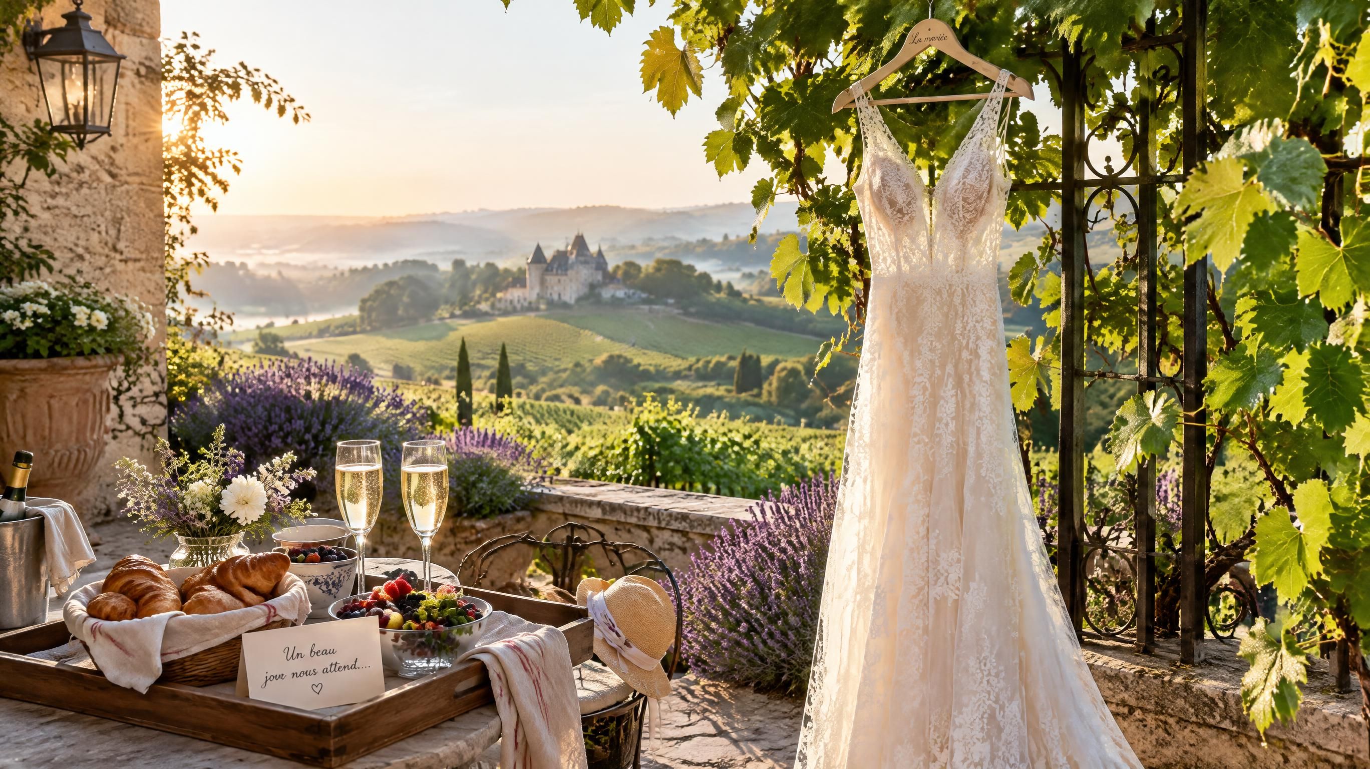Matinée lumineuse de préparatifs de mariage sur la terrasse en pierre d'un domaine viticole en Gironde avec vue sur les vignes