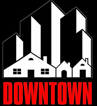 Downtown Property Group logo. Three black-and-white small houses and graphic skyscrapers above text reading "DOWNTOWN".