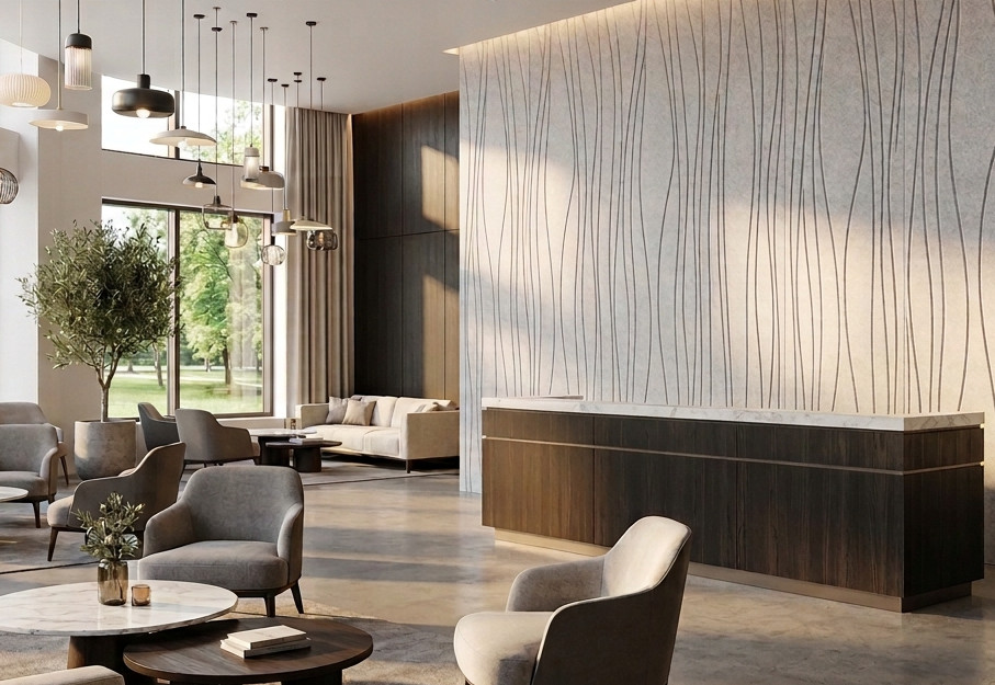 Acoustic panel system in welcome lobby