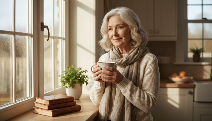 Close-up view of an older adult smiling while drinking tea near a kitchen window.