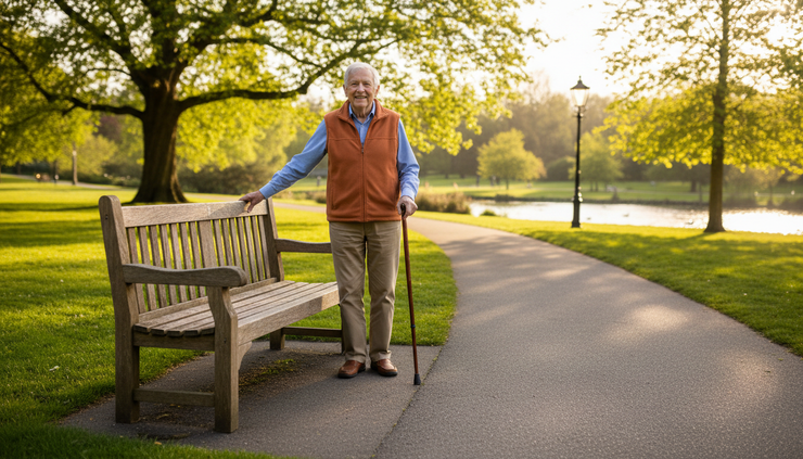 Wide-angle view of an older adult pausing beside a park bench during a walk.