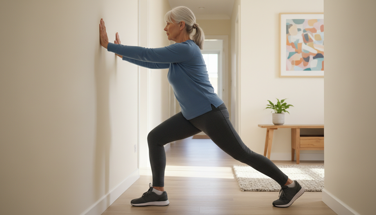 Side view of an older adult stretching their calf with both hands on a wall.